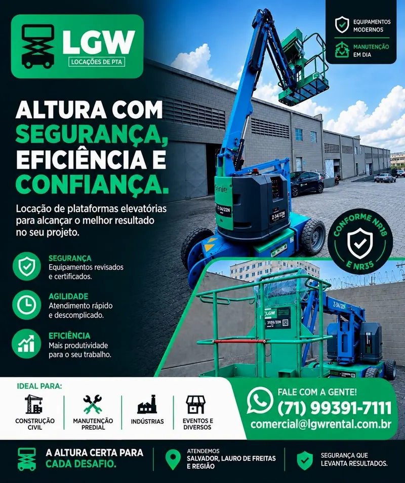 Arte da LGW Locações de PTA com plataforma articulada Genie Z-34/22N: Altura com segurança, eficiência e confiança. Locação de plataformas elevatórias para alcançar o melhor resultado no seu projeto. Equipamentos modernos, manutenção em dia, conforme NR18 e NR35. Segurança: equipamentos revisados e certificados. Agilidade: atendimento rápido e descomplicado. Eficiência: mais produtividade para o seu trabalho. Ideal para: construção civil, manutenção predial, indústrias, eventos e diversos. A altura certa para cada desafio. Atendemos Salvador, Lauro de Freitas e região. Segurança que levanta resultados.