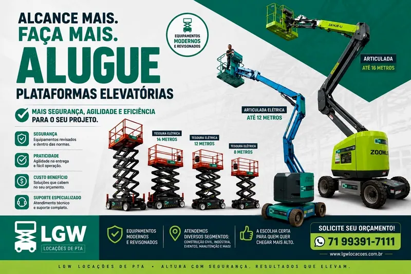 Arte da LGW Locações de PTA: Alcance mais. Faça mais. Alugue plataformas elevatórias. Tesoura elétrica de 14, 12 e 8 metros, articulada elétrica até 12 metros e articulada até 16 metros. Mais segurança, agilidade e eficiência para o seu projeto. Segurança: equipamentos revisados e dentro das normas. Praticidade: agilidade na entrega e fácil operação. Custo benefício: soluções que cabem no seu orçamento. Suporte especializado: atendimento técnico e suporte completo. Atendemos diversos segmentos: construção civil, indústria, eventos, manutenção e mais. A escolha certa para quem quer chegar mais alto.